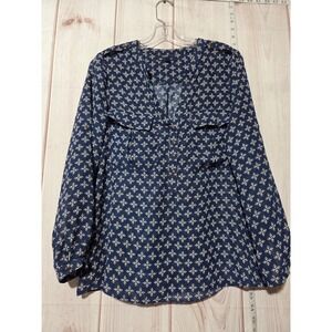 Gap Womens Blue Geometric Print‎ Sheer Long Sleeve Button Up Shirt Top M Chiffon